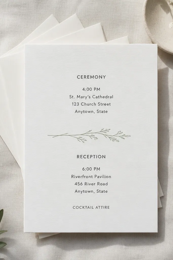 Cream card with a thin floral divider line and black centered wedding details