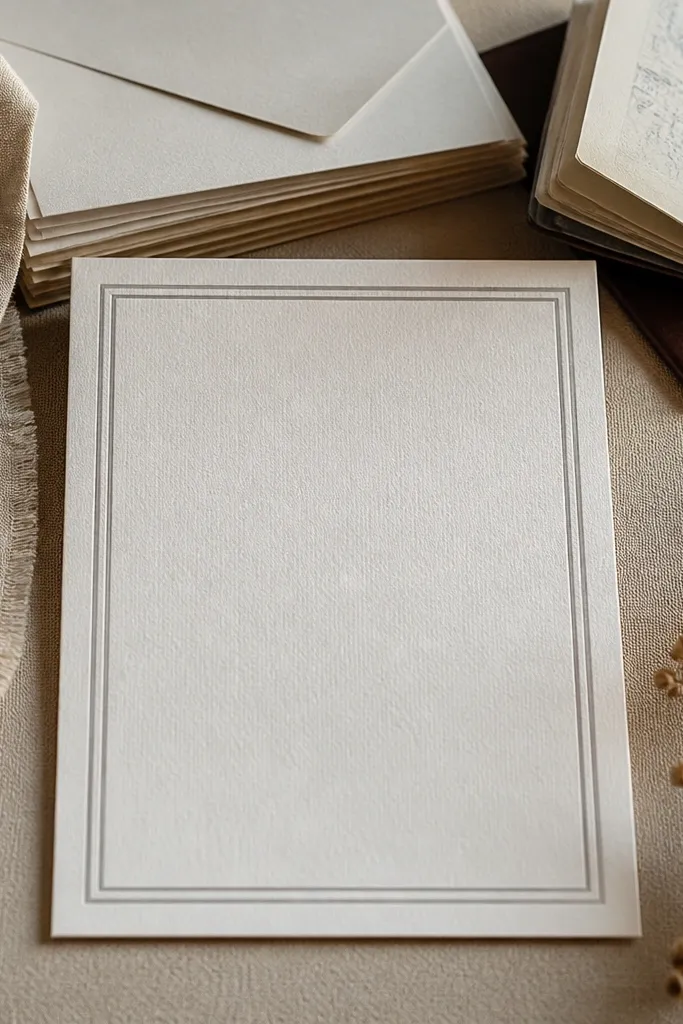 Cream card with thin gray border lines and centered black typography