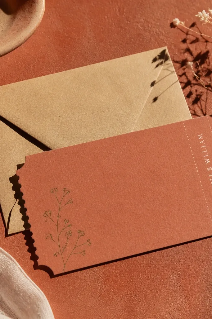 Terracotta ticket-stub wedding card with tiny names and a thin floral sprig