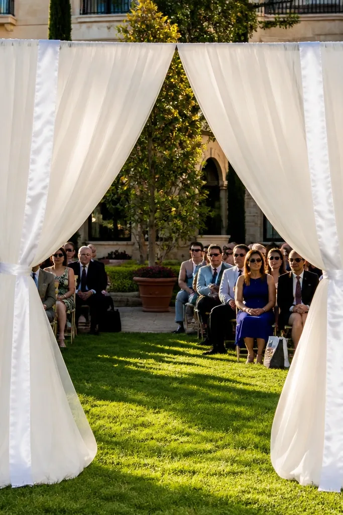 Ivory tulle draped over a simple arch with one satin ribbon stripe