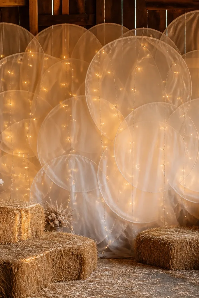 Layered organza circles behind a wedding area with warm string lights