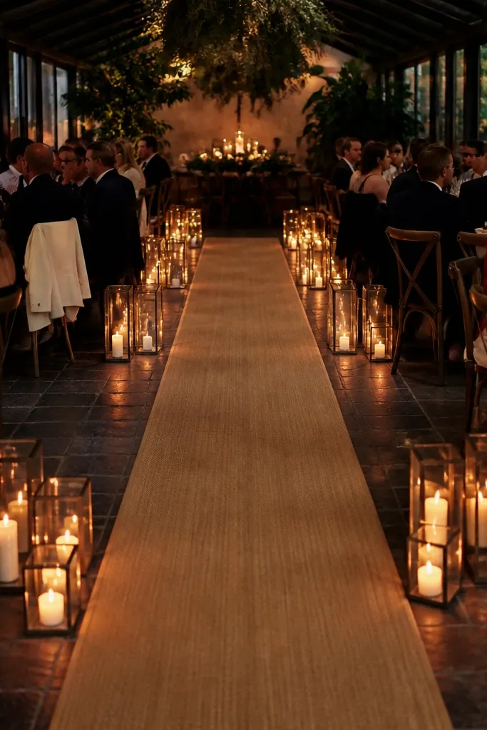 Tall glass lanterns with candles lining a wedding aisle