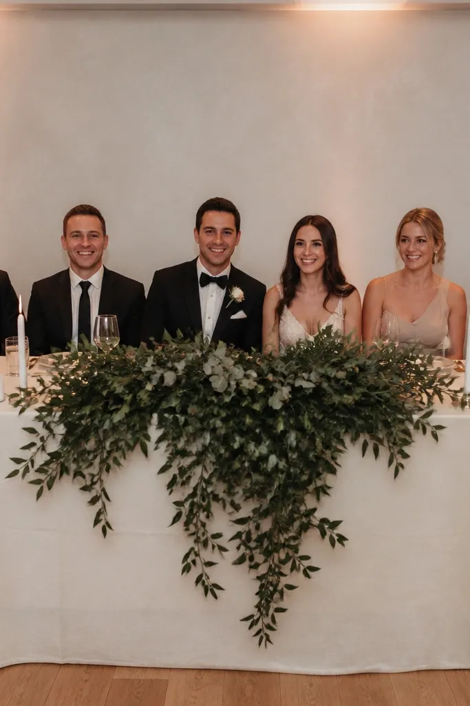 Greenery garland cascading behind a head table with taper candles