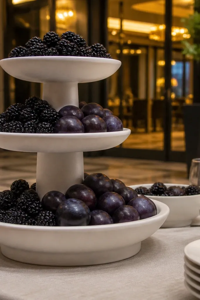 Tiered dessert stands with monochrome fruit and warm lighting