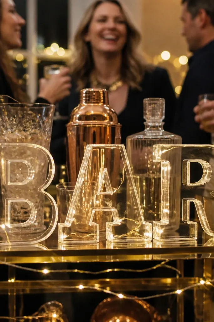 Acrylic bar sign with warm lights behind it on a simple backdrop