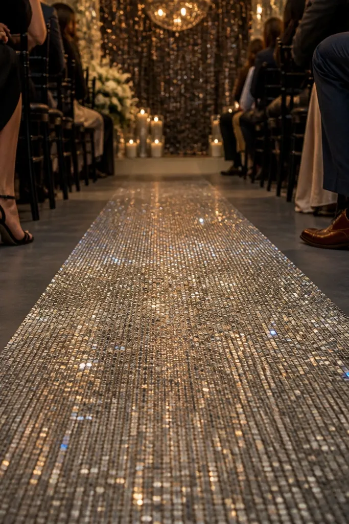 Aisle covered with shimmering silver sequin mesh runner