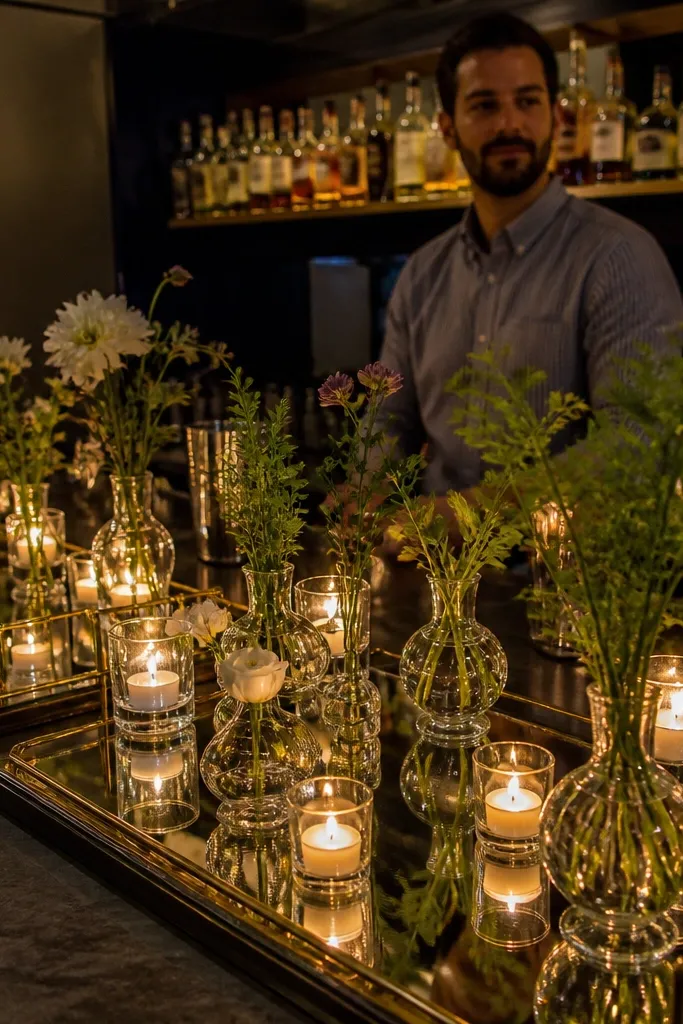 Small bud vases in a line on mirrored trays at a cocktail table