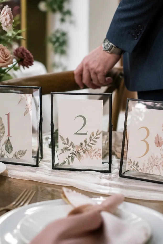Framed botanical prints used as table numbers on reception tables