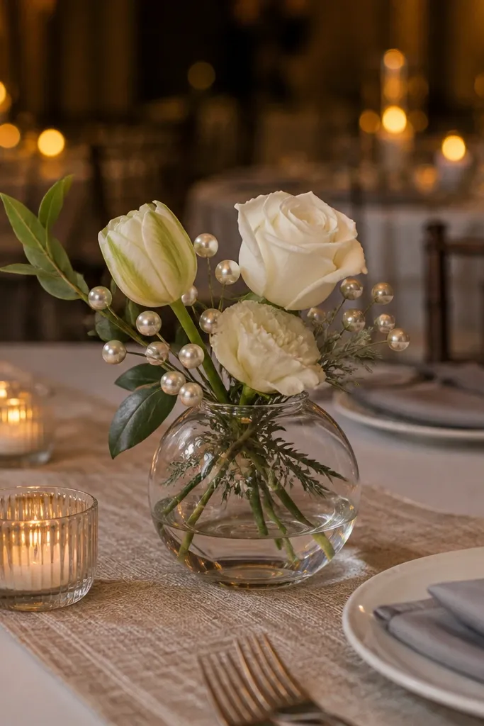 Linen table runner with pearl beads and bud vases centerpiece