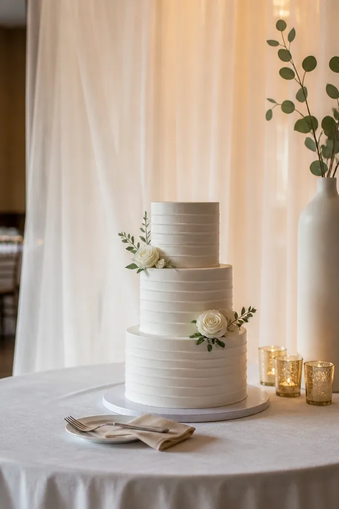 Sheer curtain behind the cake with a single tall vase and warm lights