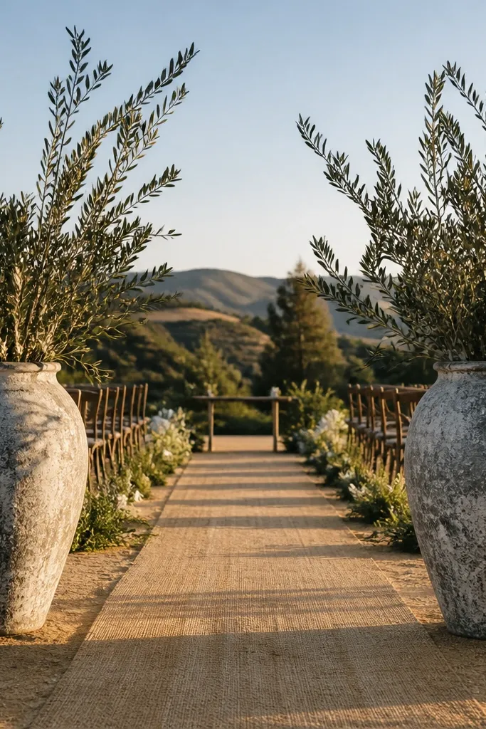 Two large urn planters with olive branches flanking a ceremony entrance
