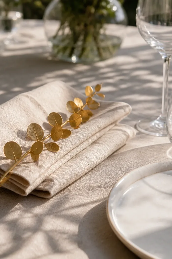 Textured napkins on plates with one gold stem detail near each setting