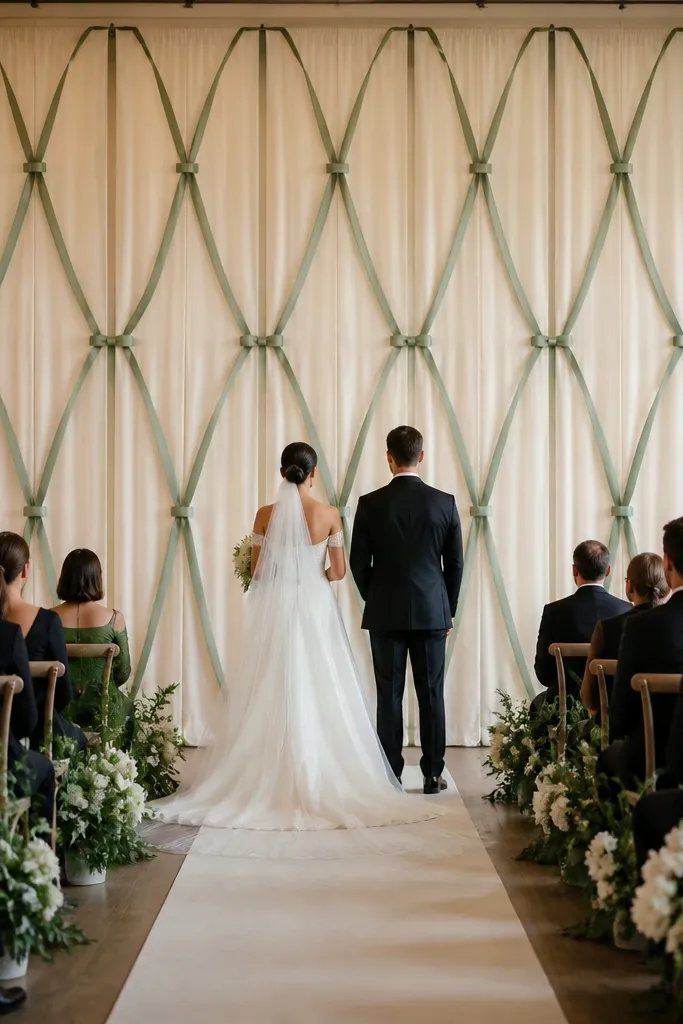 Fabric banners with a simple repeat pattern behind ceremony seating