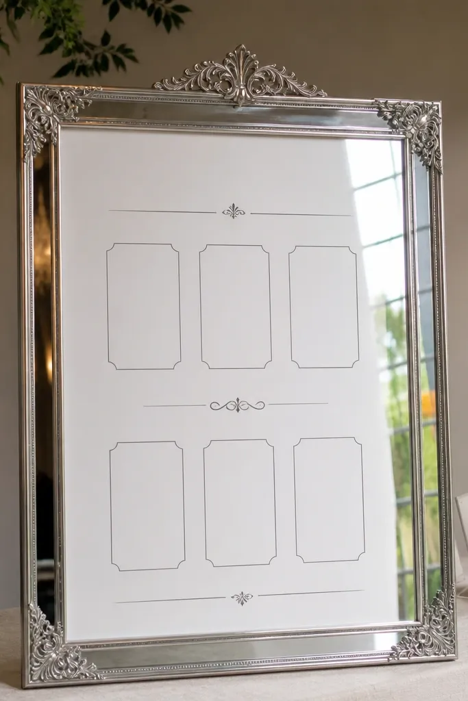 Mirror-framed seating chart sign in a welcome area with flowers nearby