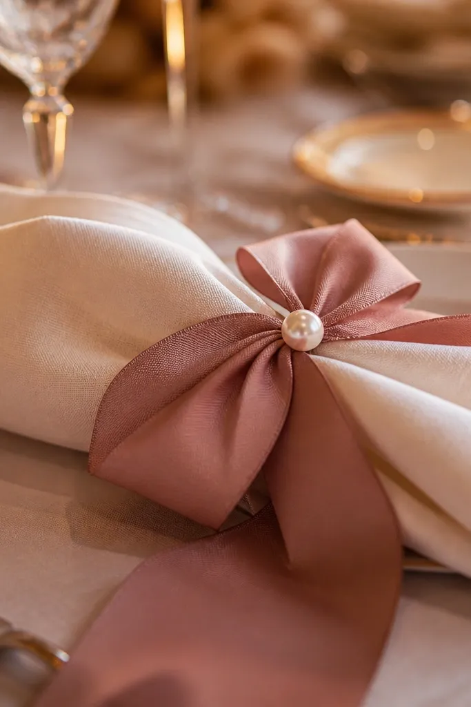 Napkin rings made from ribbon ties with one pearl button detail