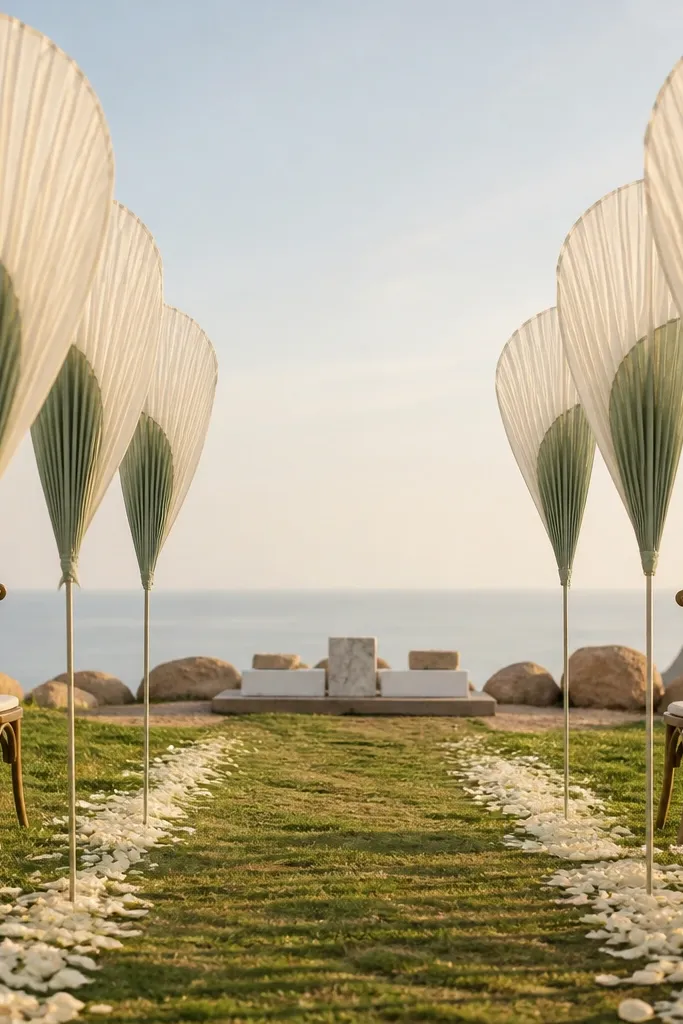 Two-tone fabric fans on stands lining a ceremony aisle