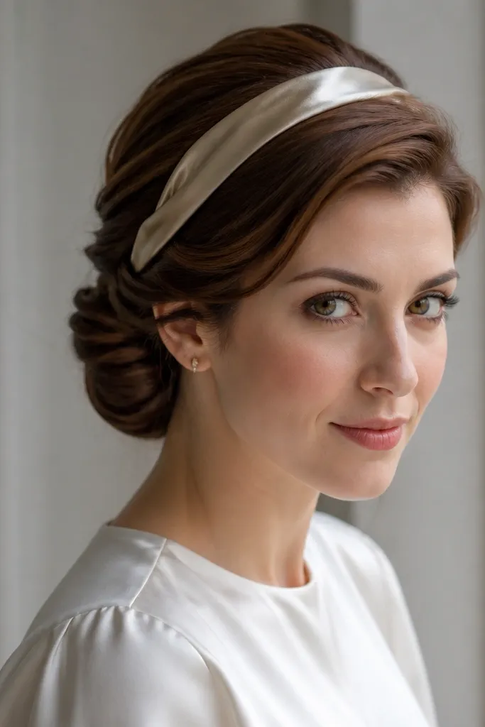 Low bun at the nape with a deep side part and smooth front