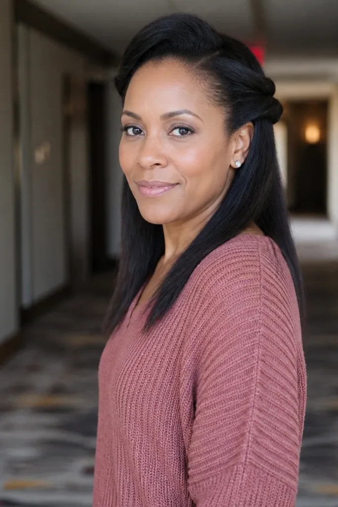 Half-up style with two twists at the crown and soft waves down