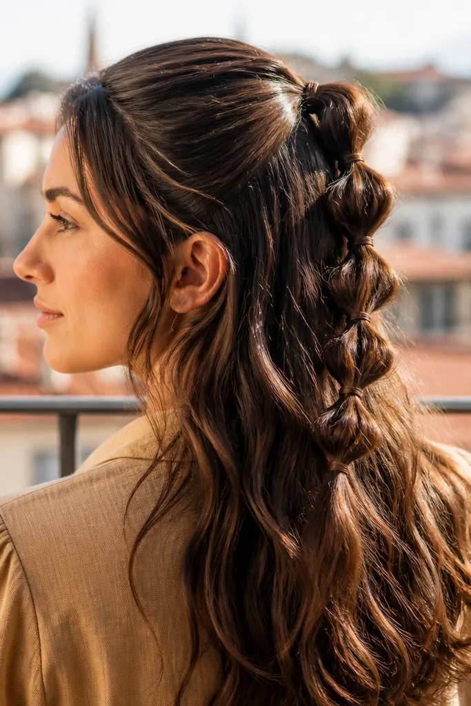 Half-up bubble braid with small gathered loops and loose ends