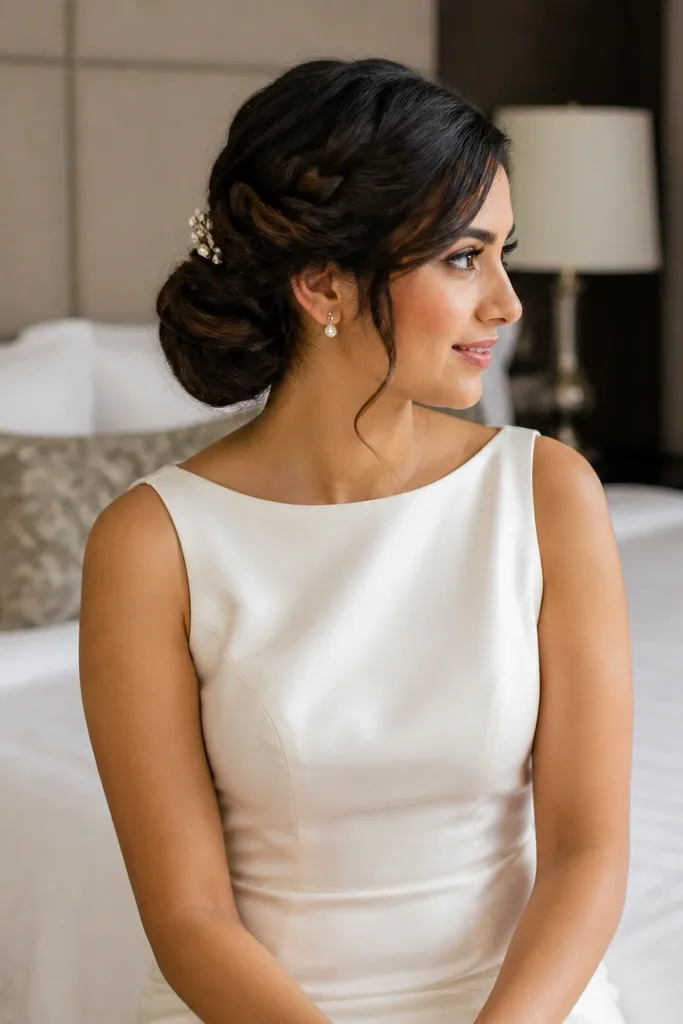 Side updo with a braid running through and tucked ends