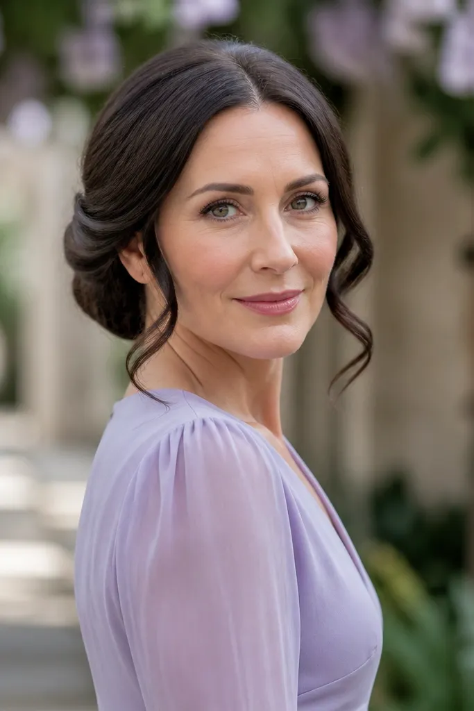 Low bun with two twisted strands framing the face