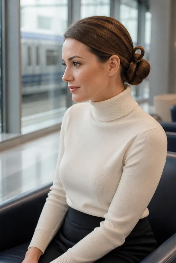 Low sleek bun wrapped with two loops of hair tie