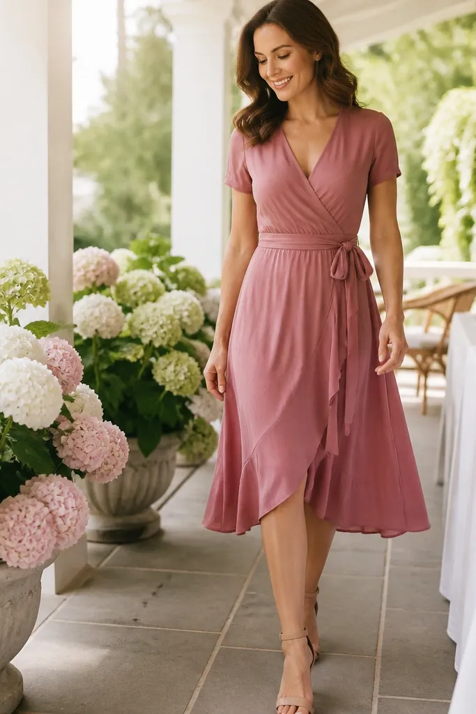 Dusty rose wrap midi dress with nude strappy sandals