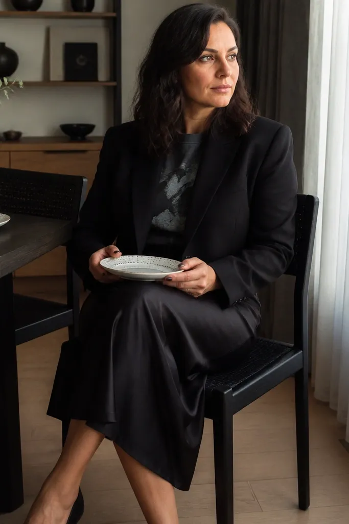 Black midi slip skirt with a white graphic tee and a cropped blazer