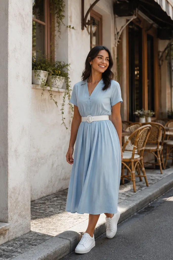 Powder blue midi dress with a white belt and white sneakers
