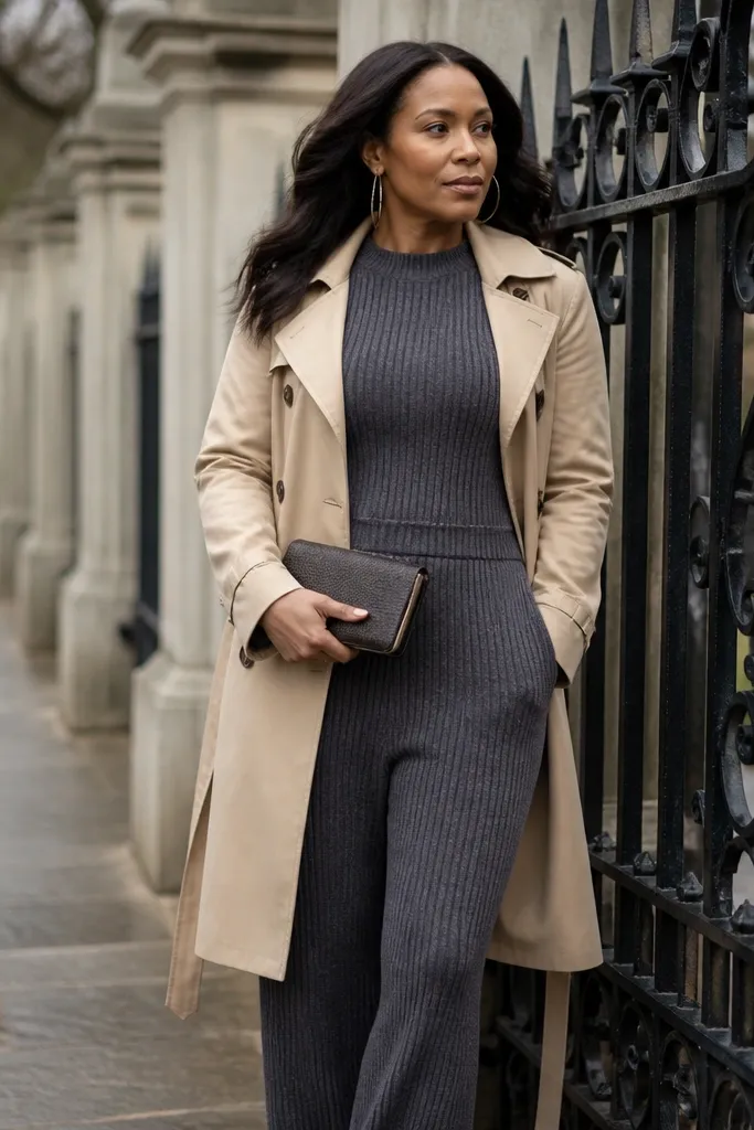 Charcoal ribbed knit jumpsuit with a light trench coat and loafers