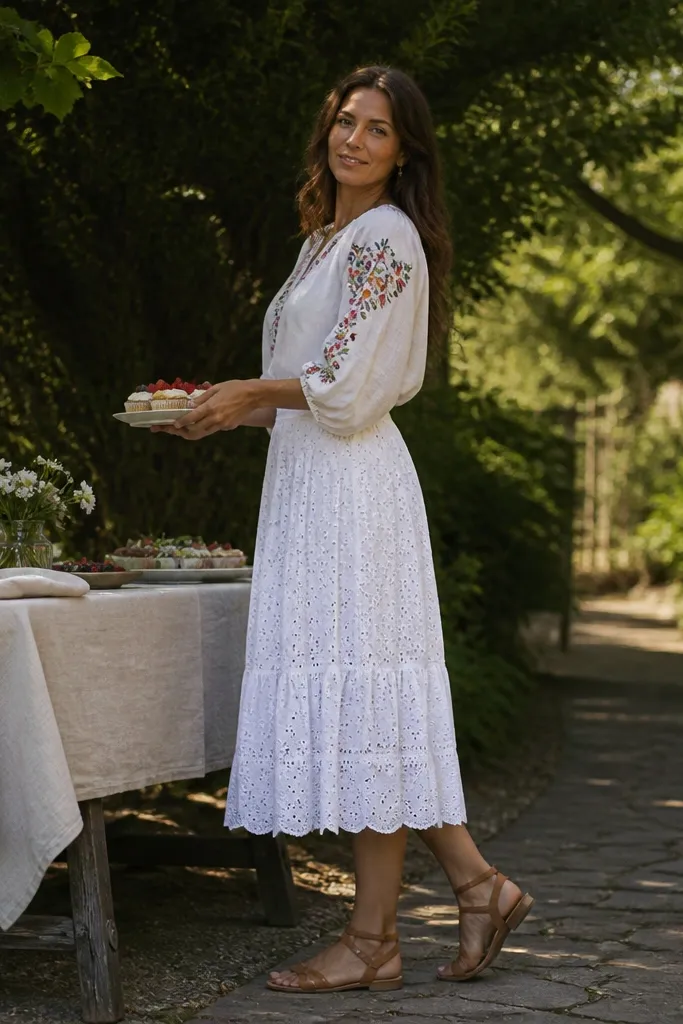 White eyelet midi skirt with a peasant blouse and tan sandals