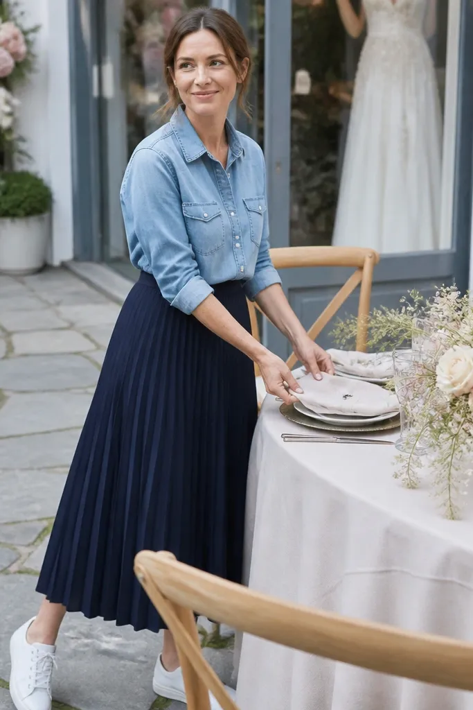 Chambray button-up with sleeves rolled and a navy pleated midi skirt