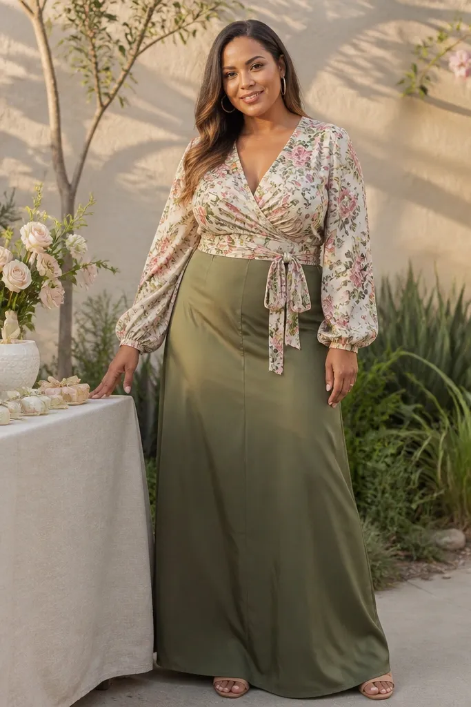 Floral wrap blouse with a solid olive maxi skirt and tan sandals