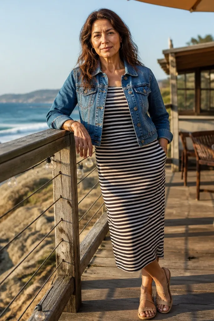 Black and cream striped midi dress with a cropped denim jacket