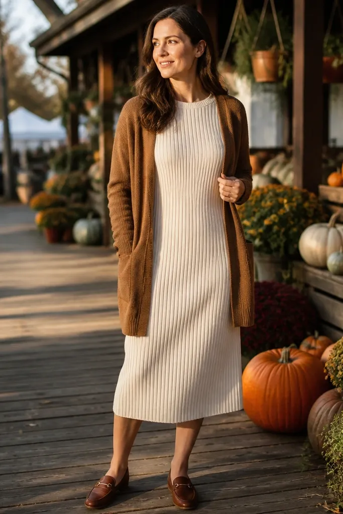 Cream ribbed midi dress with camel cardigan and cognac loafers