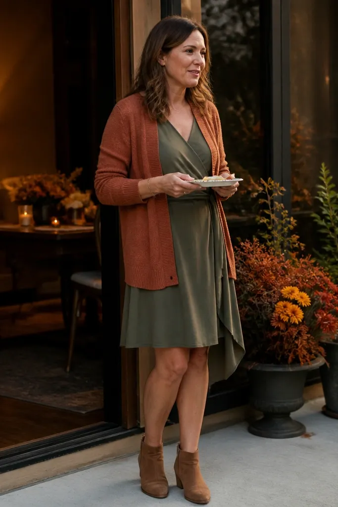 Olive wrap dress with rust cardigan and tan ankle boots
