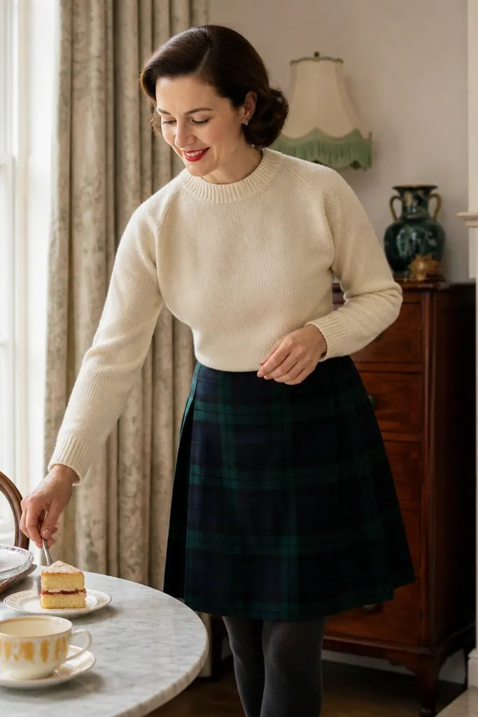 Blackwatch plaid skirt with cream sweater and charcoal tights