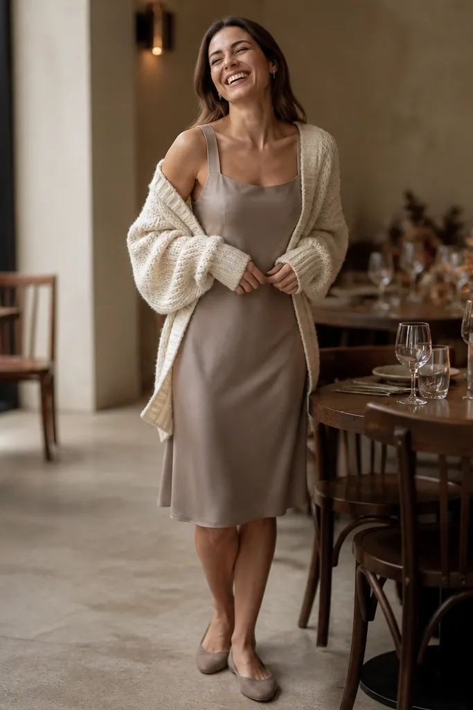 Taupe slip dress with chunky cream cardigan and taupe flats