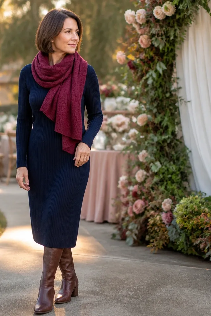 Navy midi sweater dress with berry scarf and brown boots
