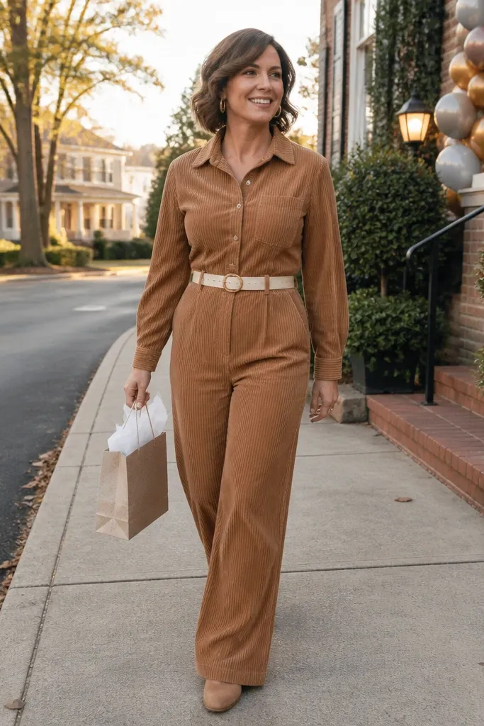 Camel corduroy button-front jumpsuit with cream belt