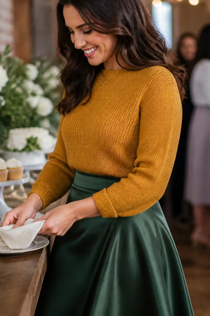 Forest green midi skirt with mustard knit top and tan flats