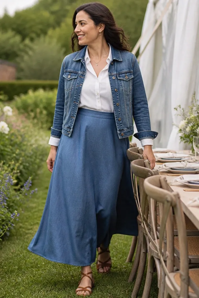 Blue chambray maxi skirt with white blouse and denim jacket