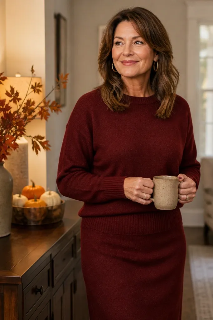 Burgundy sweater top with matching midi skirt and gold hoop earrings