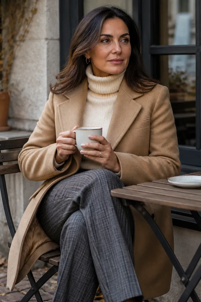 Charcoal plaid pants with cream turtleneck and long camel coat