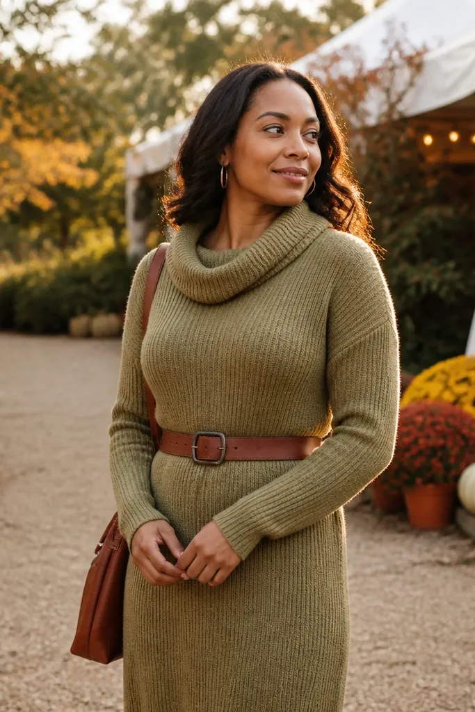 Light olive sweater dress with scarf collar and brown belt