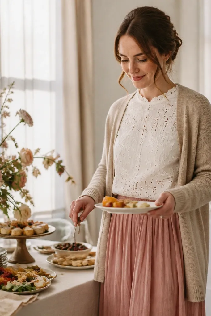 Ivory eyelet blouse with dusty rose midi skirt and soft cardigan
