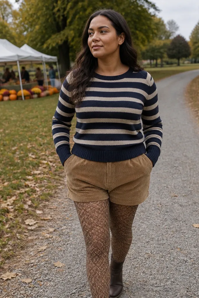 Navy and cream striped sweater with tan corduroy shorts and tights