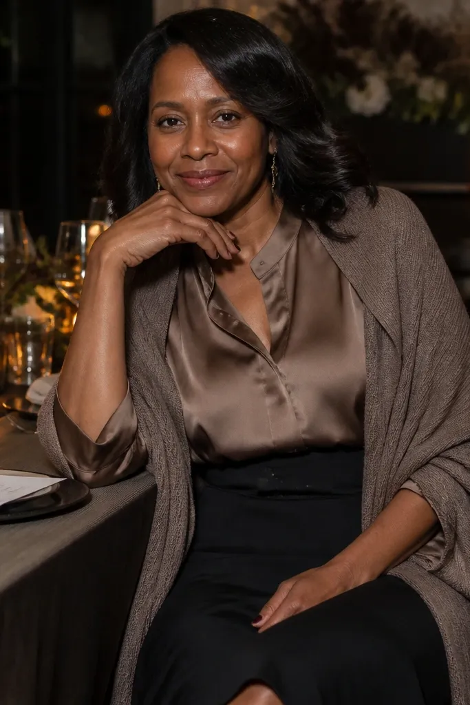 Mocha satin-look blouse with black midi skirt and wrap cardigan