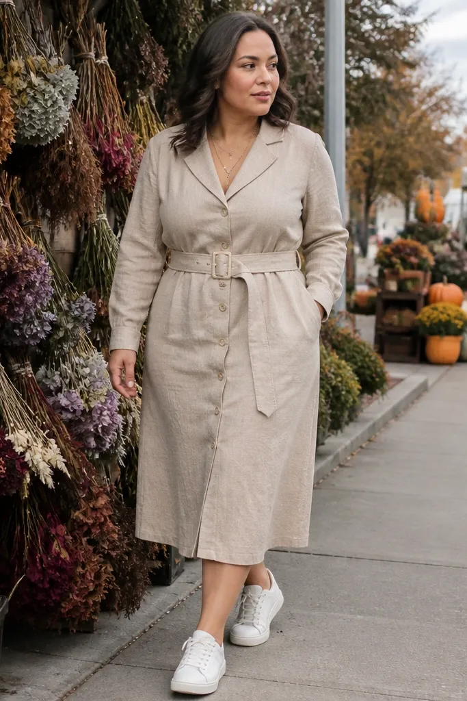 Oatmeal trench-style dress with belt and cream sneakers