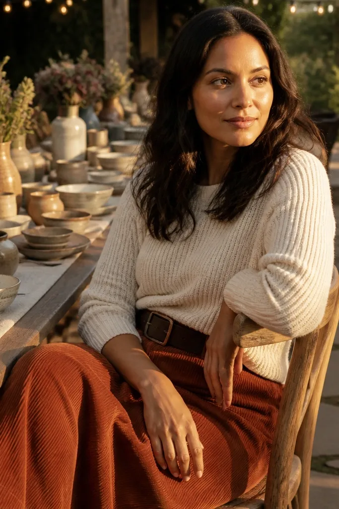 Rust corduroy midi skirt with cream knit sweater and brown belt